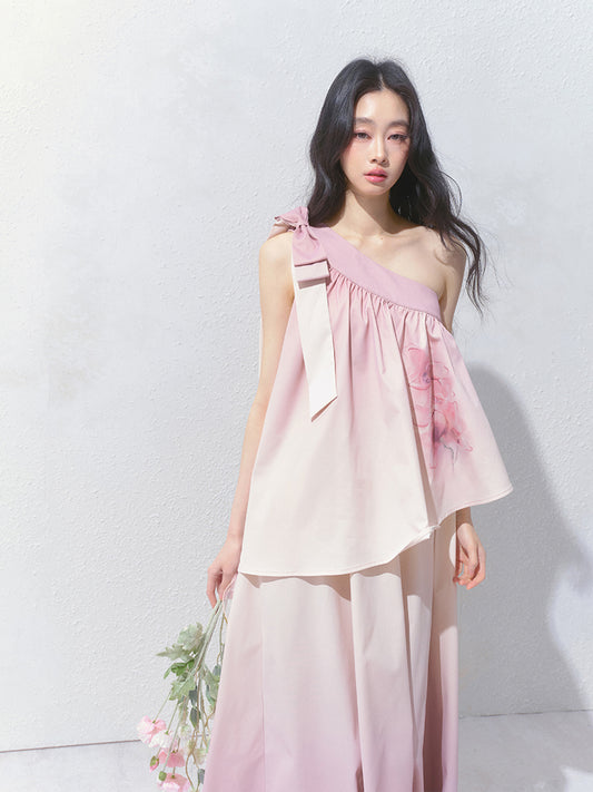 One-Shoulder Floral Gradient Dress