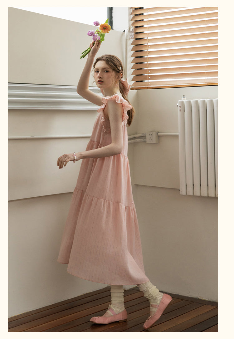 Smocked Tiered Striped Dress With Flutter Sleeves
