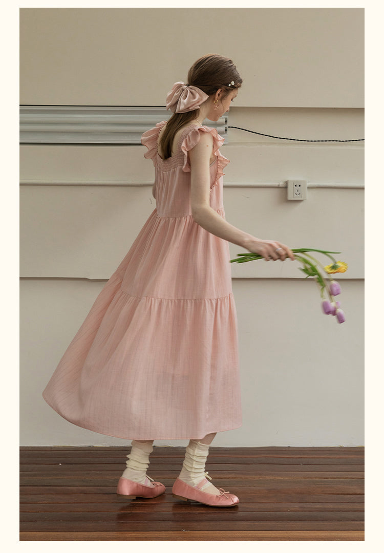 Smocked Tiered Striped Dress With Flutter Sleeves