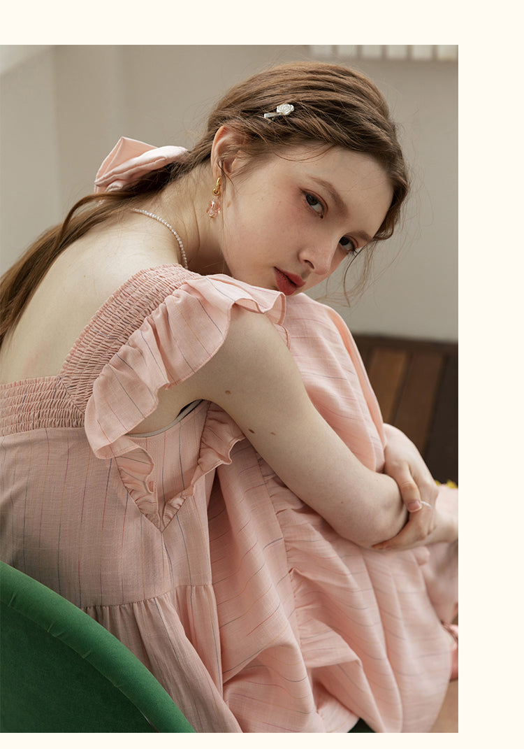 Smocked Tiered Striped Dress With Flutter Sleeves