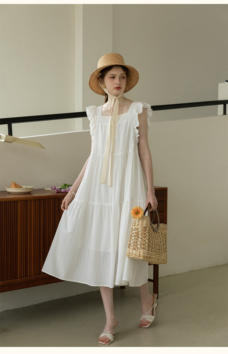 Smocked Tiered Striped Dress With Flutter Sleeves