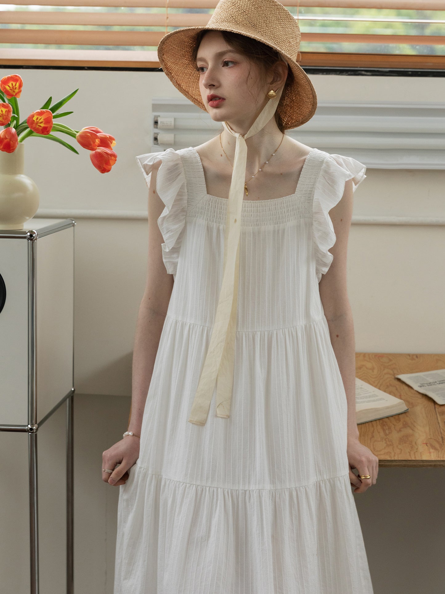 Smocked Tiered Striped Dress With Flutter Sleeves