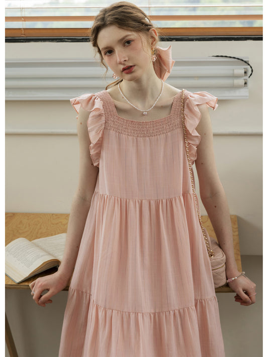 Smocked Tiered Striped Dress With Flutter Sleeves