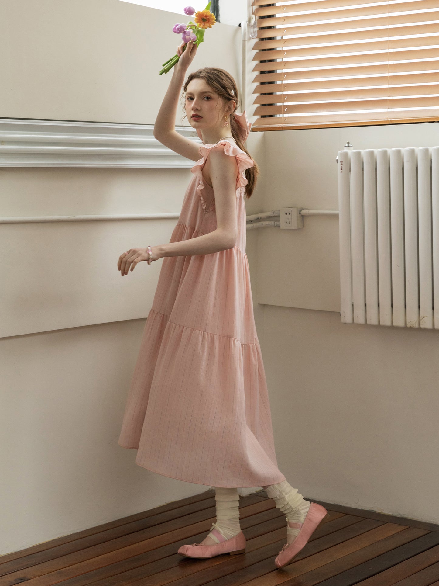 Smocked Tiered Striped Dress With Flutter Sleeves