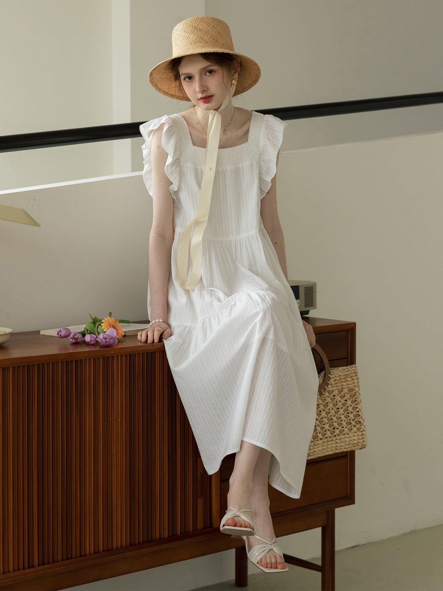 Smocked Tiered Striped Dress With Flutter Sleeves