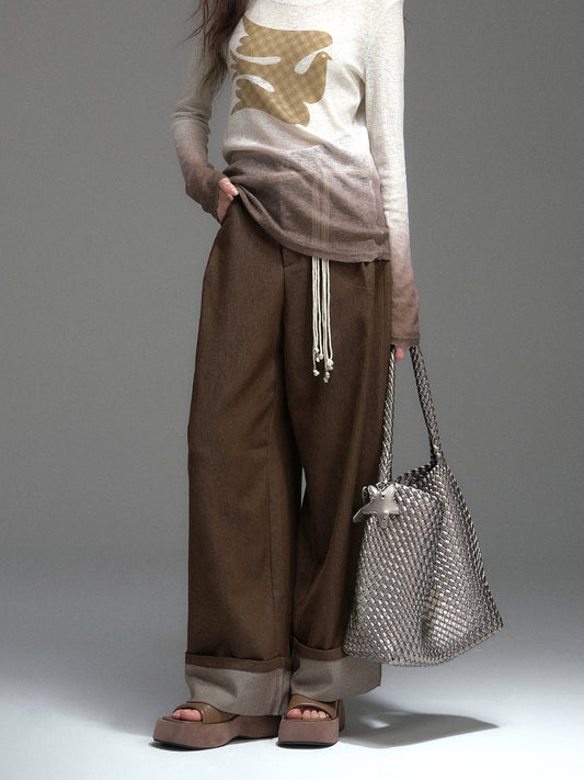 Relaxed Wide-Leg Roll-Up Pants