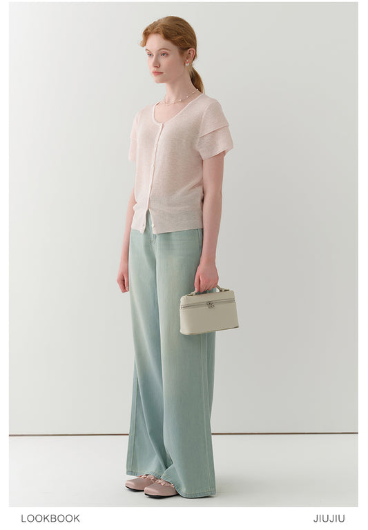 Double-Sleeve Sheer Knit Button-Up Top