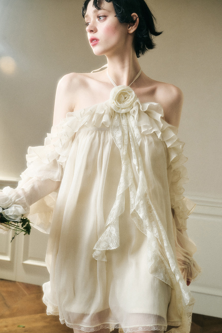 Ruffled Chiffon Halter Mini Dress With Floral Accent