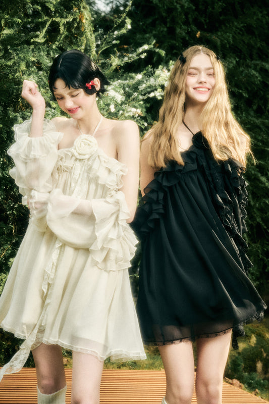 Ruffled Chiffon Halter Mini Dress With Floral Accent