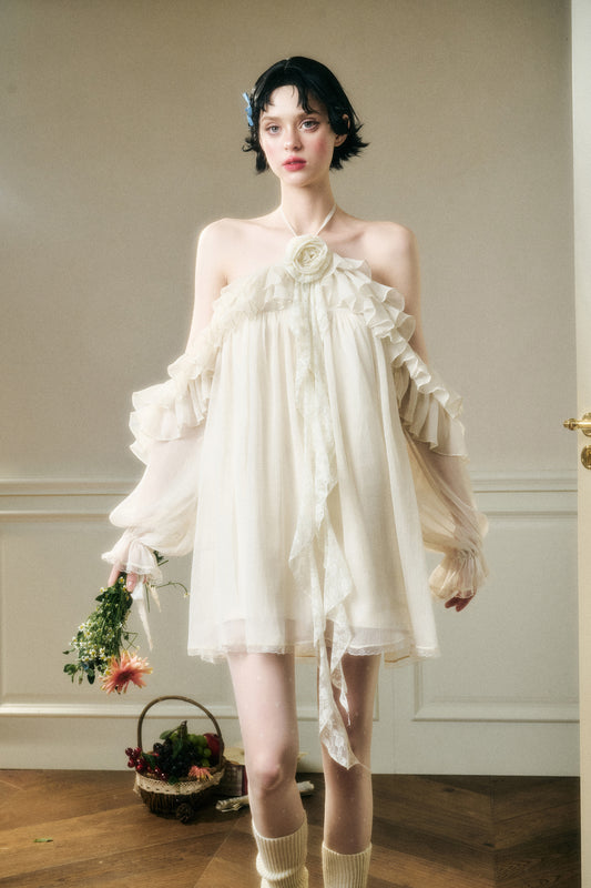 Ruffled Chiffon Halter Mini Dress With Floral Accent