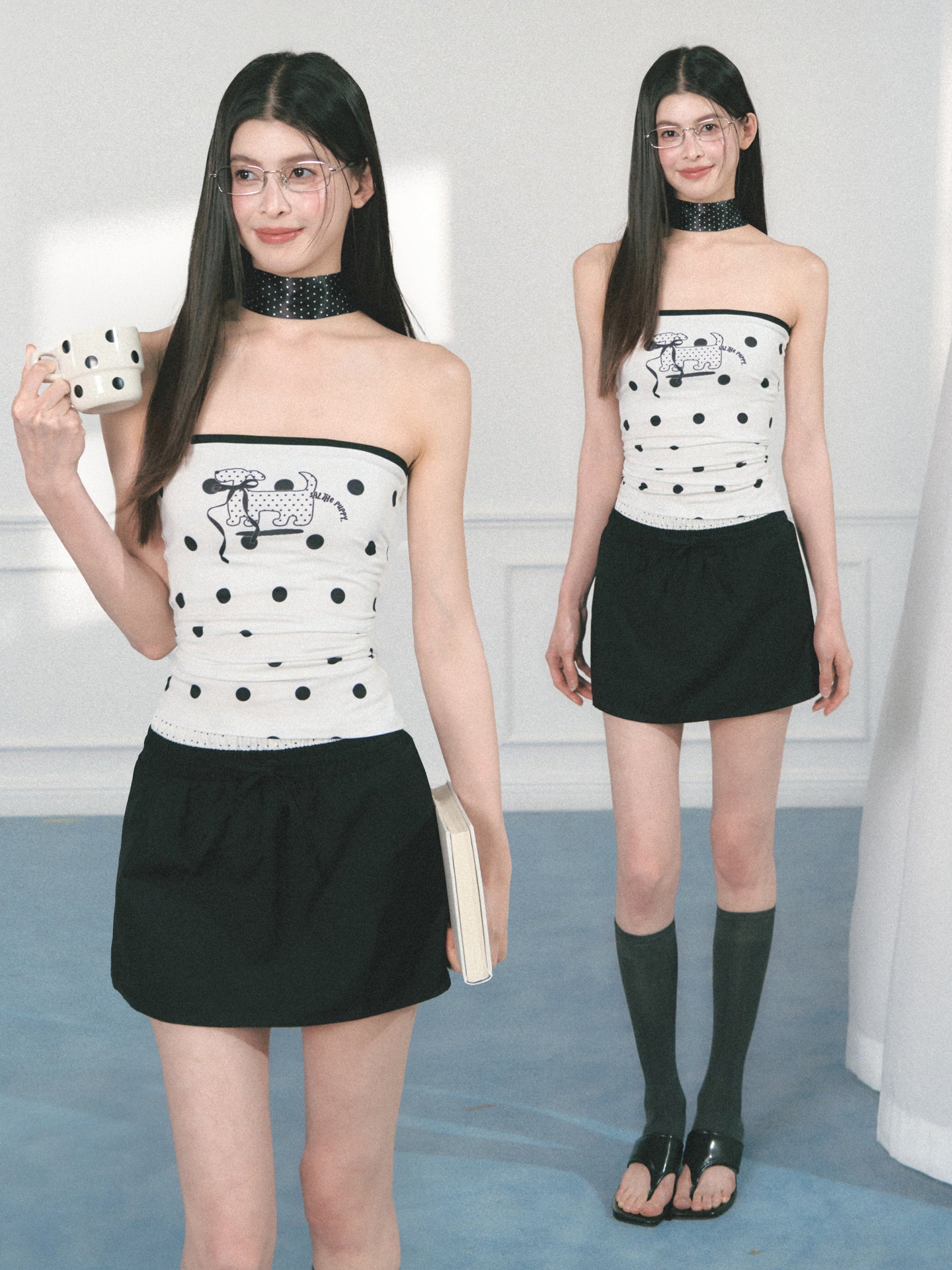 Polka Dot Tube Top With Puppy Print