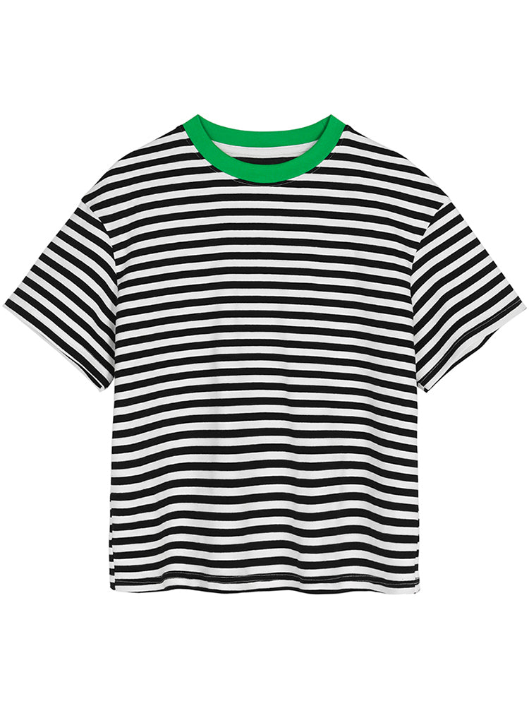 Striped Cotton T-Shirt With Contrast Neckline
