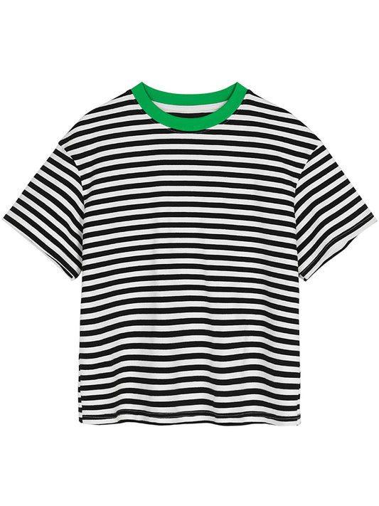 Striped Cotton T-Shirt With Contrast Neckline