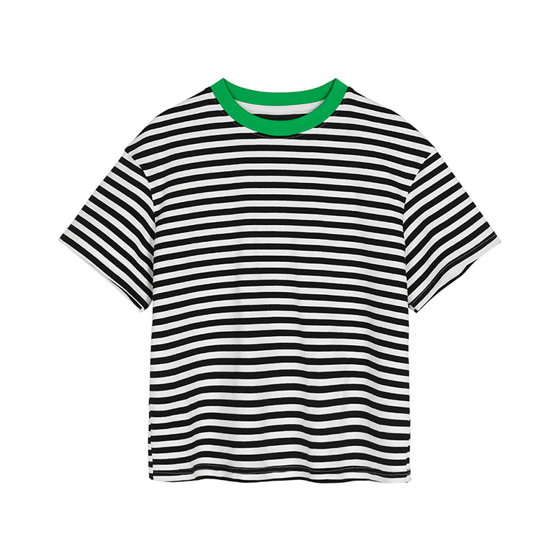 Striped Cotton T-Shirt With Contrast Neckline
