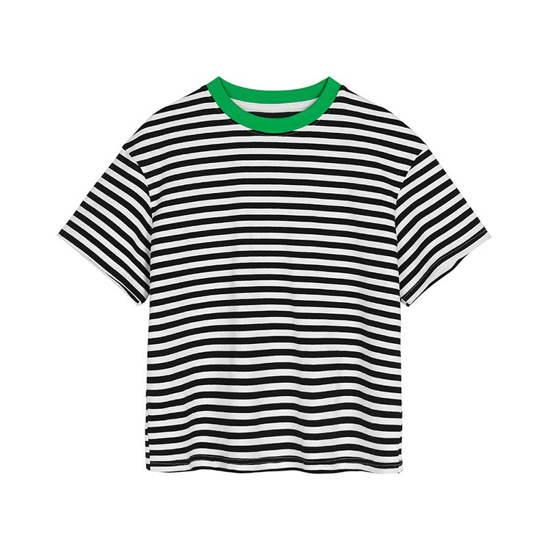 Striped Cotton T-Shirt With Contrast Neckline