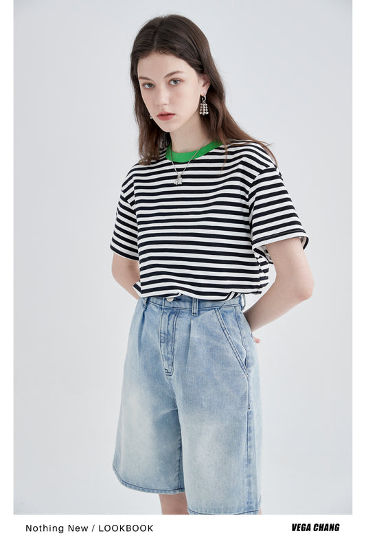 Striped Cotton T-Shirt With Contrast Neckline