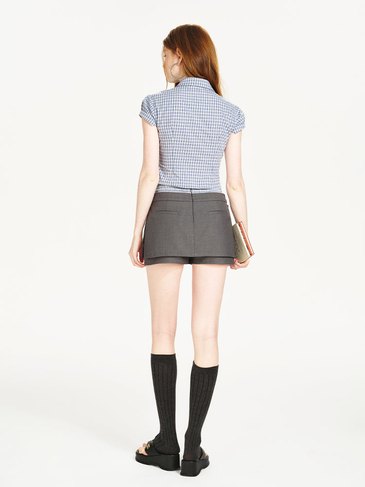 Plaid Zip-Up V-Neck Top