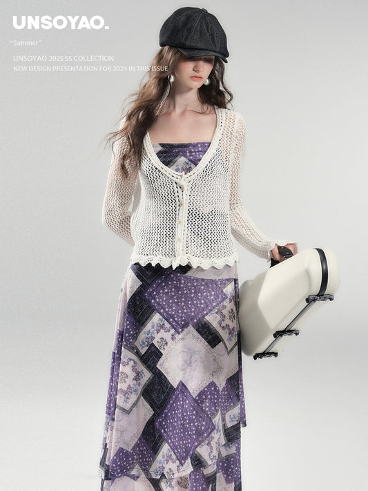 Mesh Knit Cotton Blend Cardigan