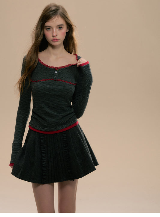 Open-Neck Gathered Striped Top With Lace Trim