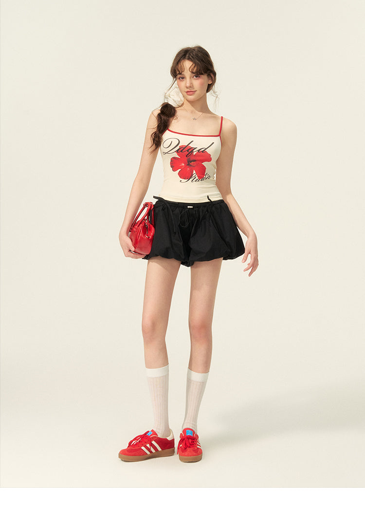Drawstring Cotton Mini Bubble Skirt With Bow Accent