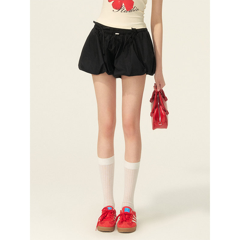 Drawstring Cotton Mini Bubble Skirt With Bow Accent