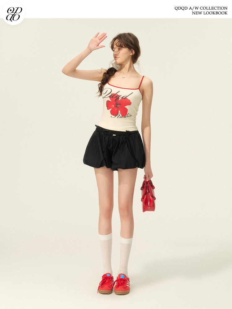 Drawstring Cotton Mini Bubble Skirt With Bow Accent