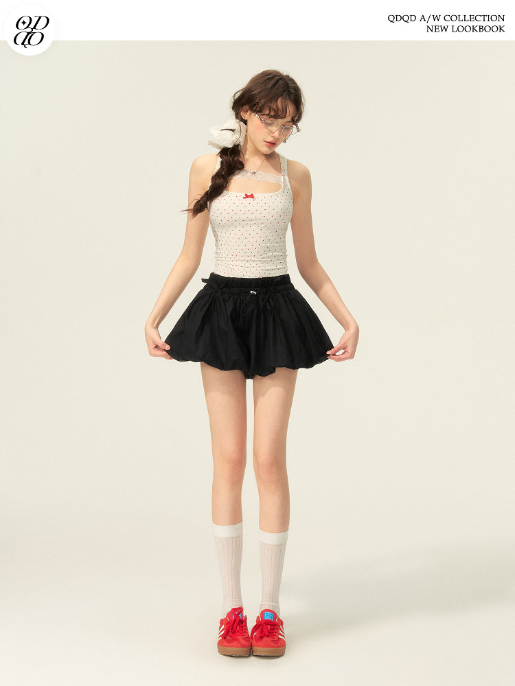 Drawstring Cotton Mini Bubble Skirt With Bow Accent