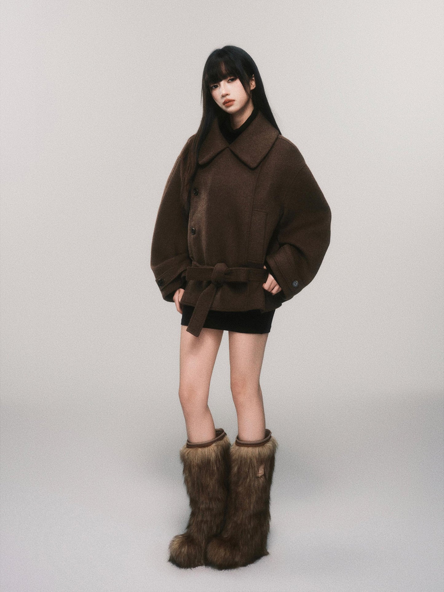 Voluminous Wool Blend Belted Short Coat