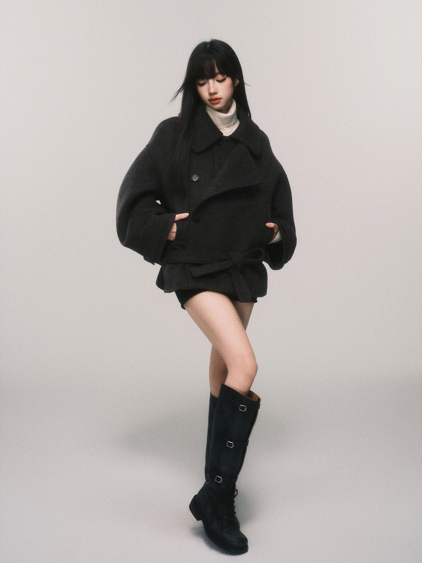 Voluminous Wool Blend Belted Short Coat