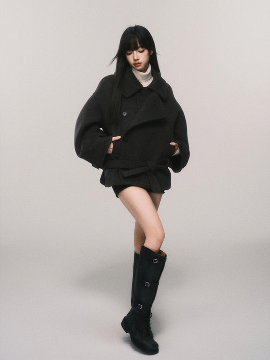 Voluminous Wool Blend Belted Short Coat