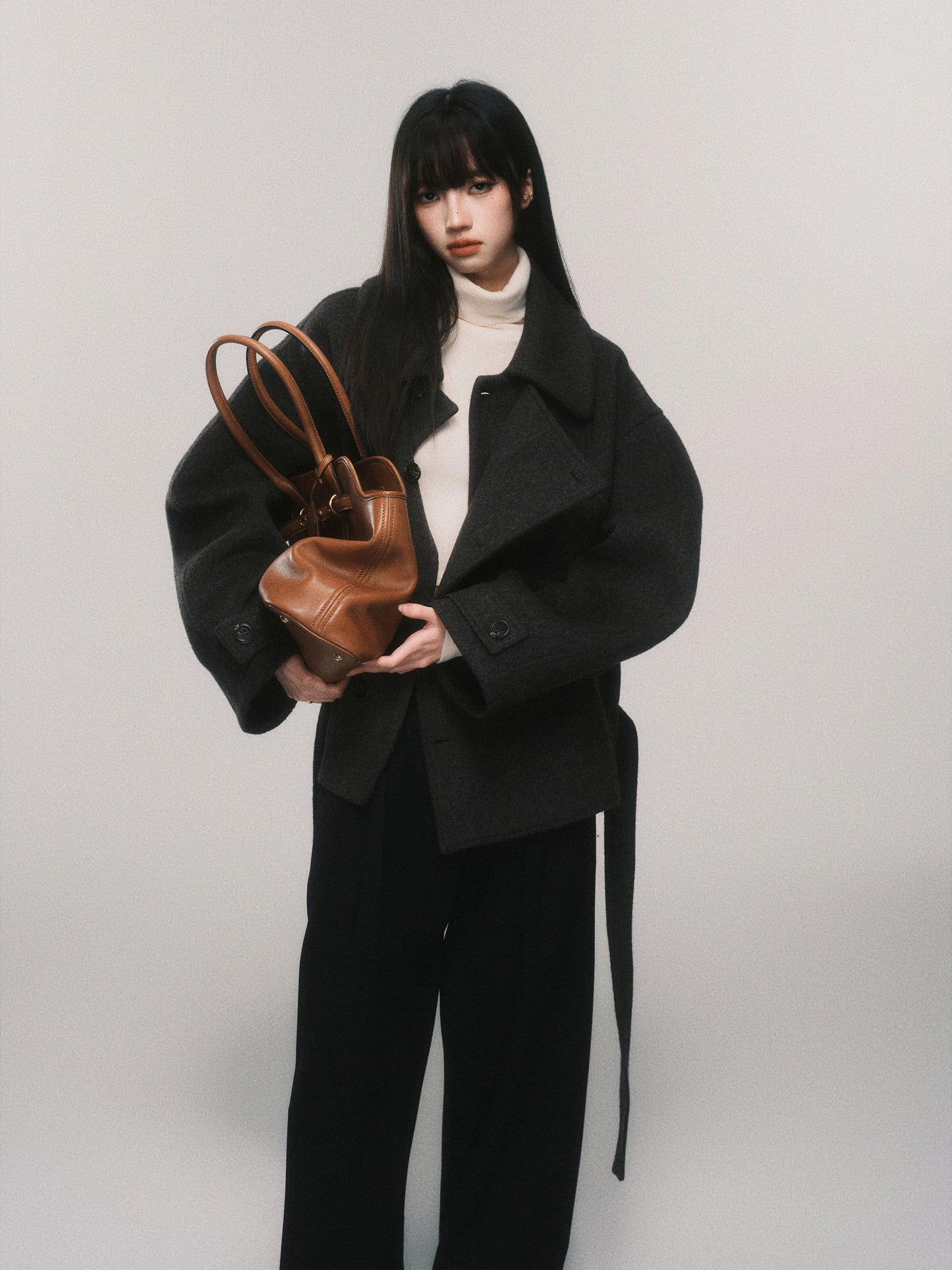 Voluminous Wool Blend Belted Short Coat