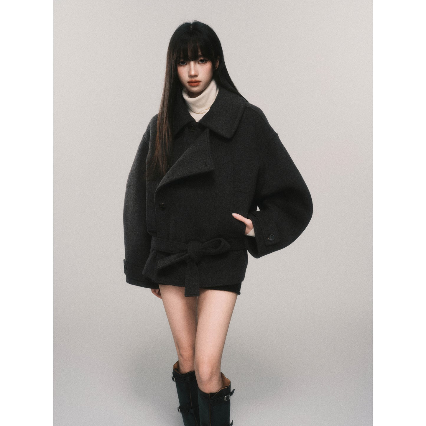 Voluminous Wool Blend Belted Short Coat