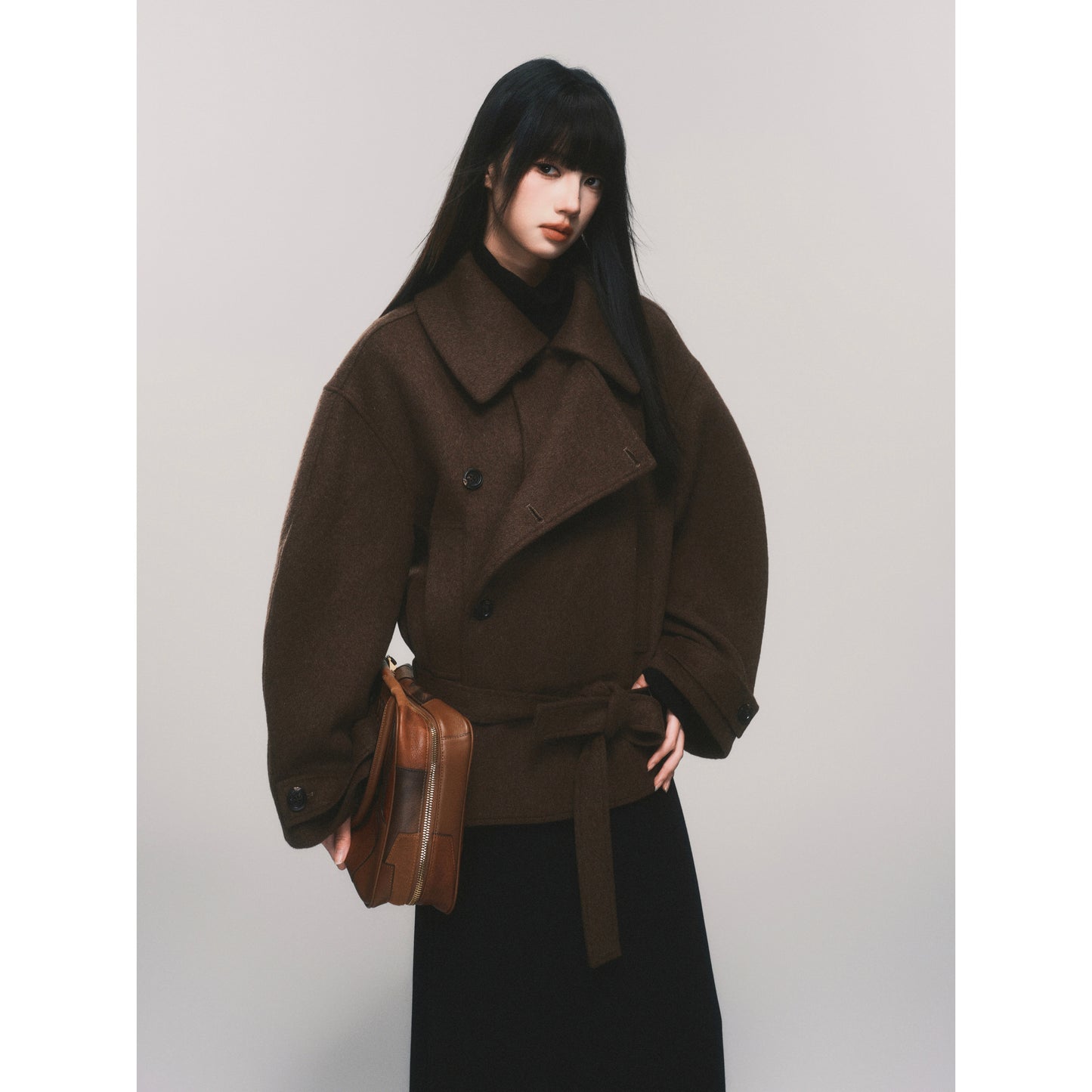 Voluminous Wool Blend Belted Short Coat