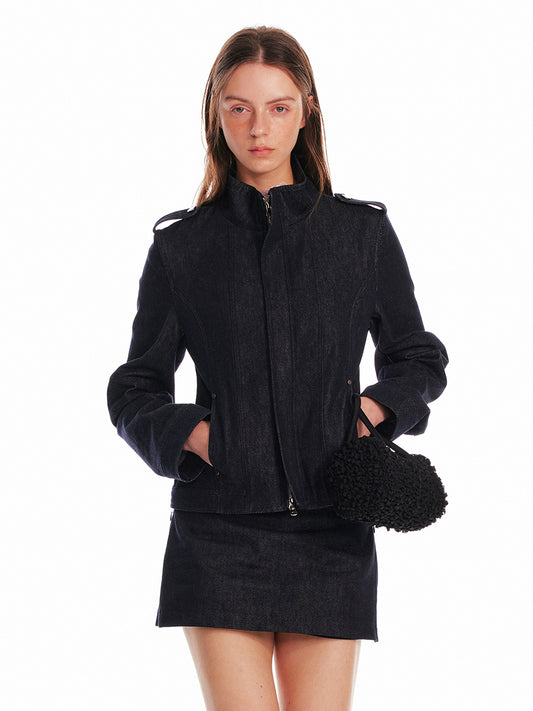 Stand Collar Zip-Up Denim Jacket