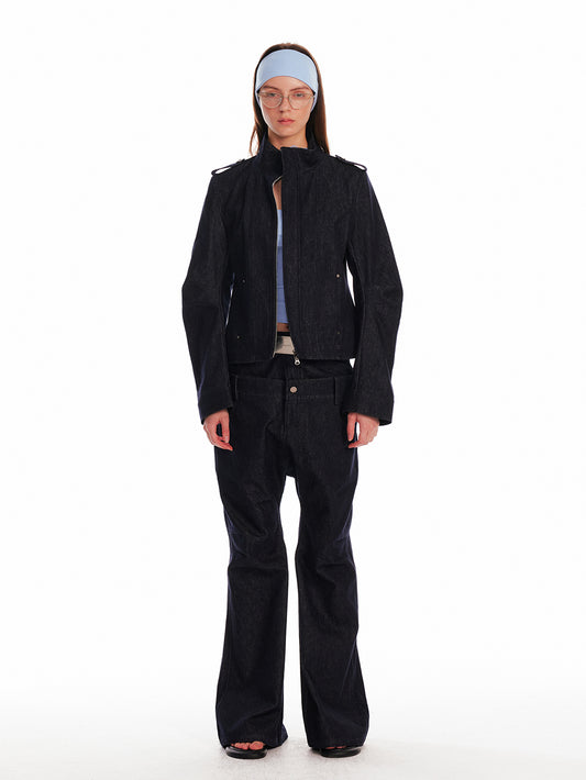 Stand Collar Zip-Up Denim Jacket