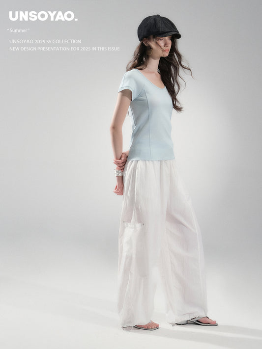 Drawstring Nylon Cargo Wide Pants