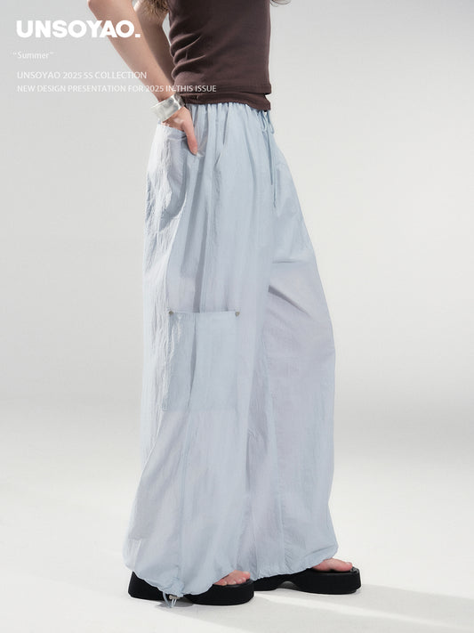 Drawstring Nylon Cargo Wide Pants