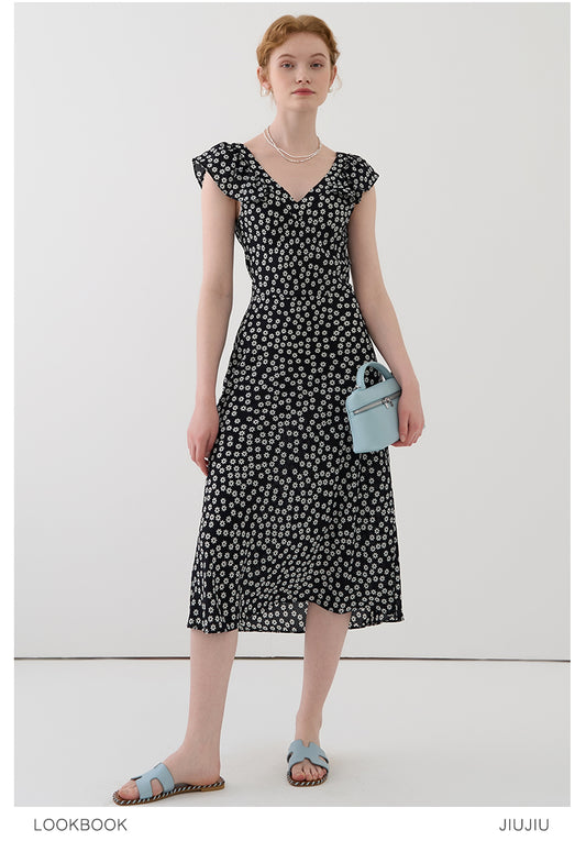 Floral V-Neck Midi Dress With Flutter Sleeves