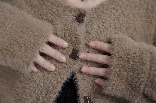Furry Embroidered Cardigan With Bear Buttons