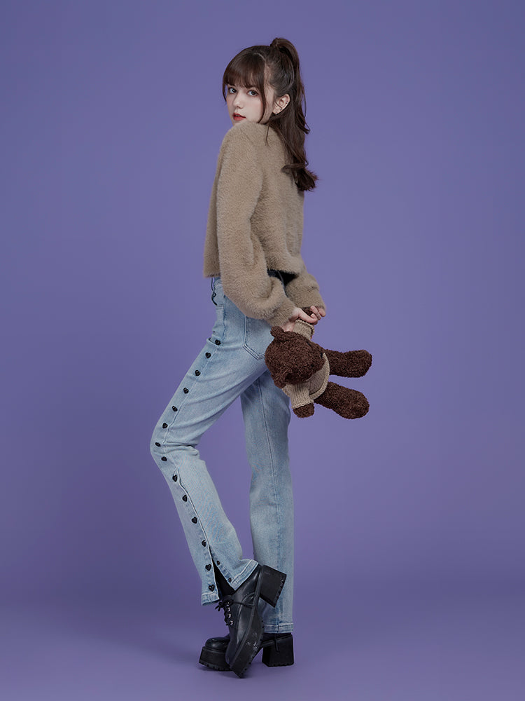 Furry Embroidered Cardigan With Bear Buttons