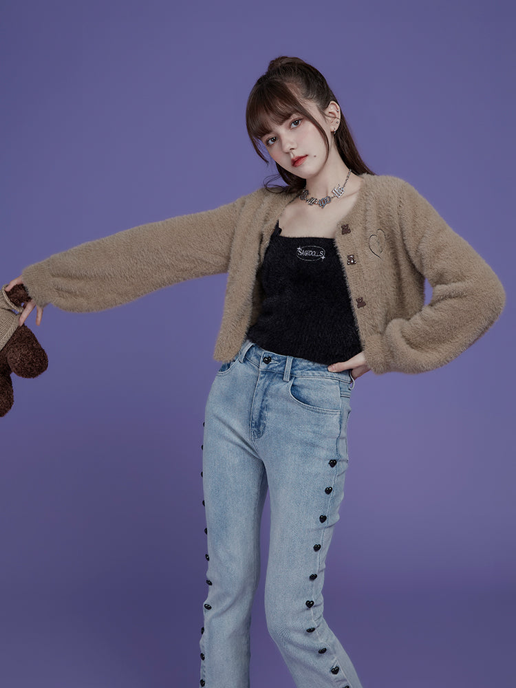 Furry Embroidered Cardigan With Bear Buttons