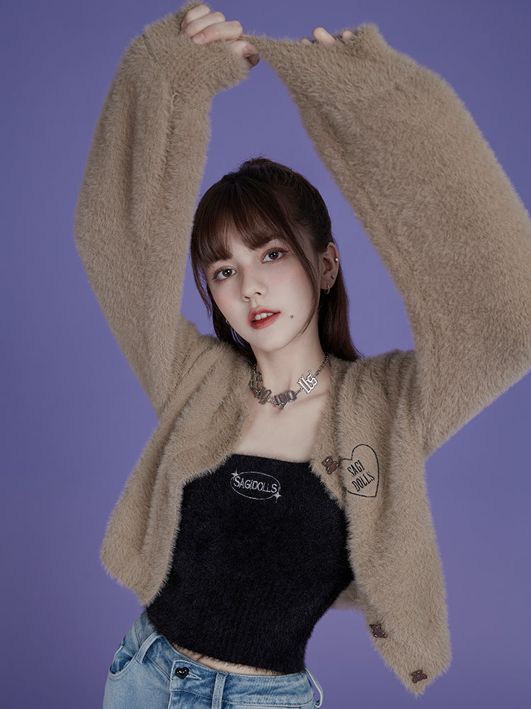 Furry Embroidered Cardigan With Bear Buttons
