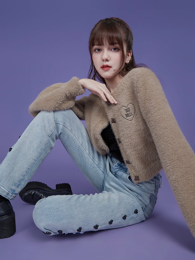 Furry Embroidered Cardigan With Bear Buttons