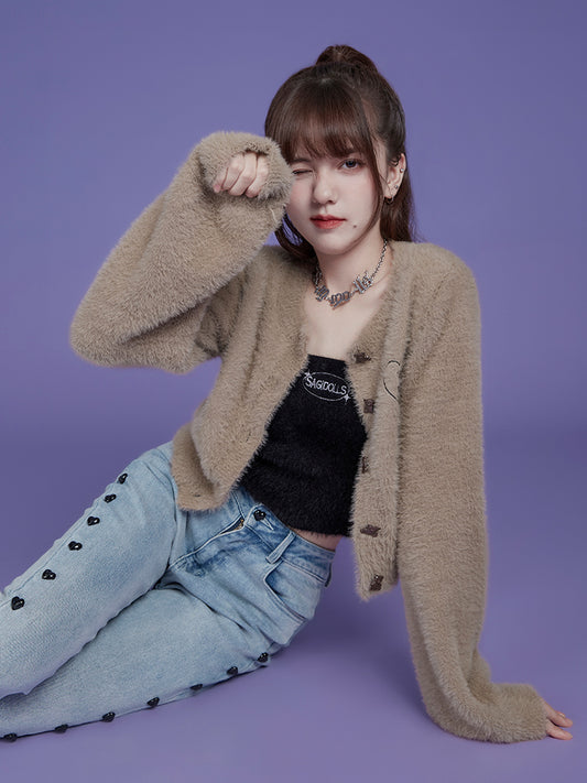 Furry Embroidered Cardigan With Bear Buttons