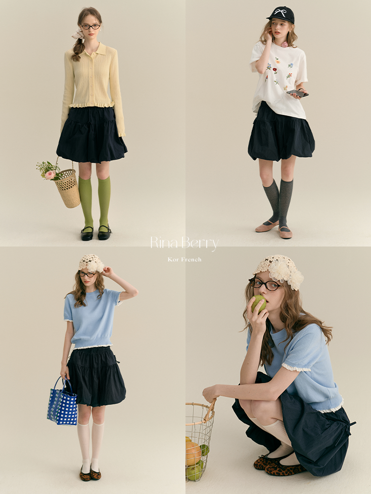 Gathered Bubble Skirt With Ribbon Accent