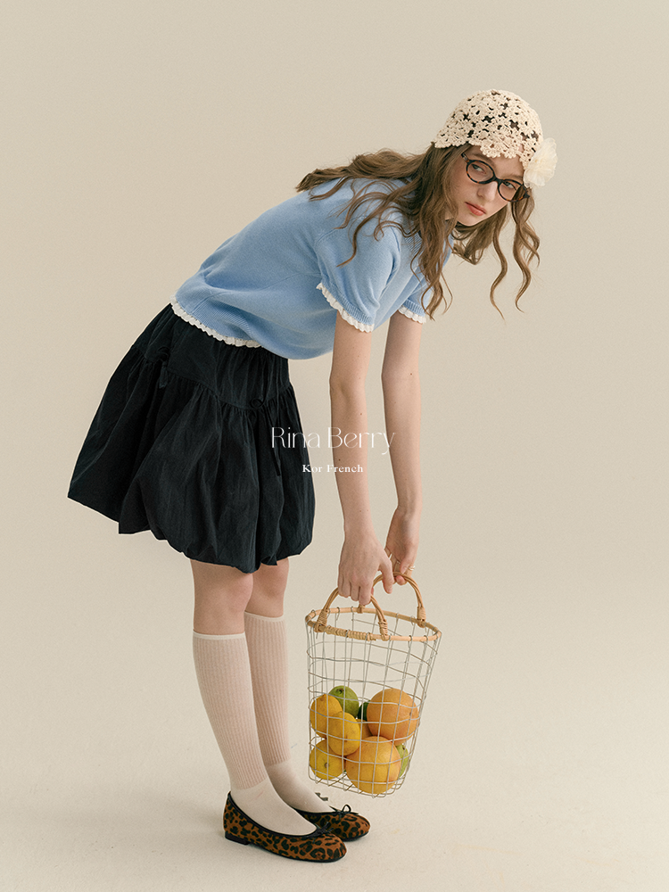 Gathered Bubble Skirt With Ribbon Accent