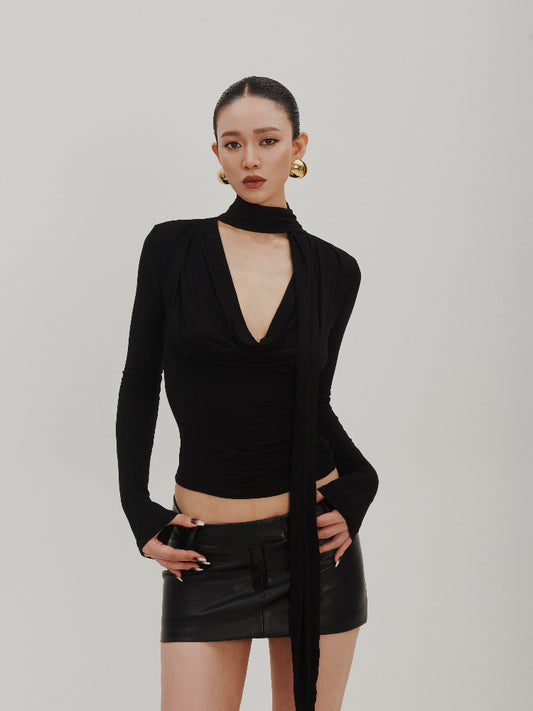 Fitted Deep V-Neck Top With Scarf