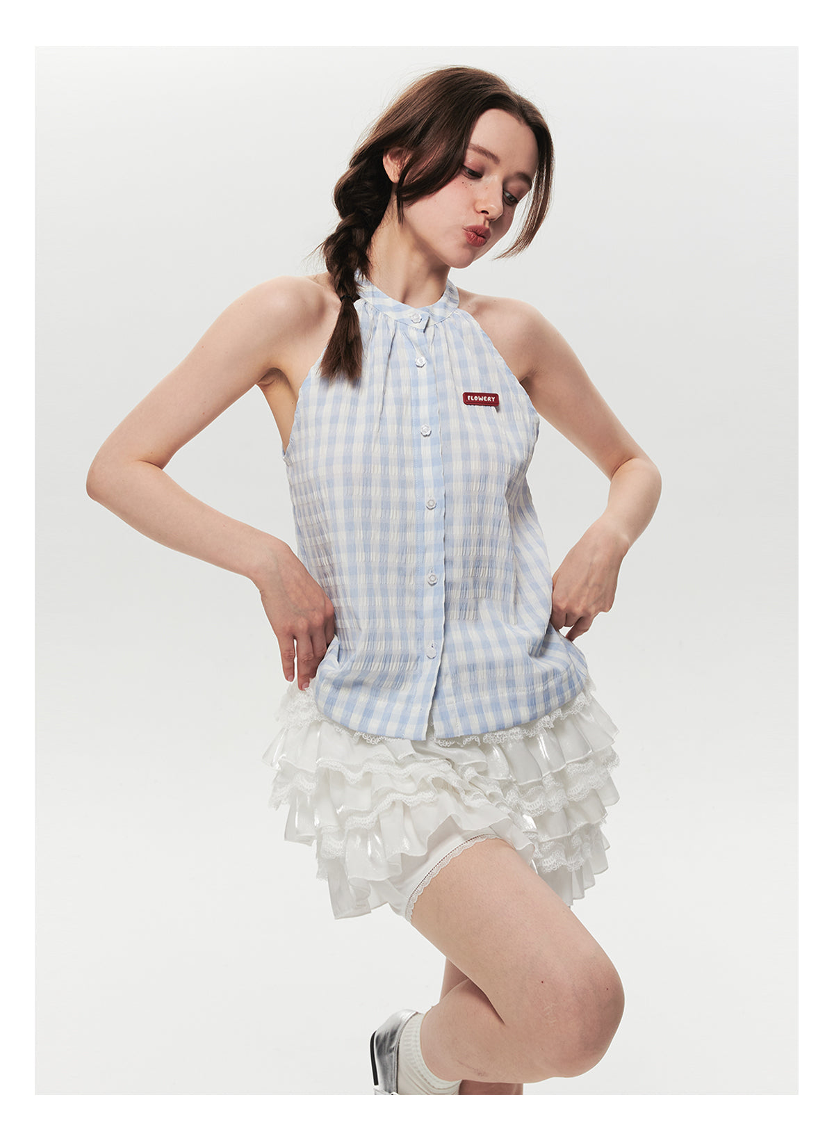 Sleeveless Gingham Seersucker Button-Up Top