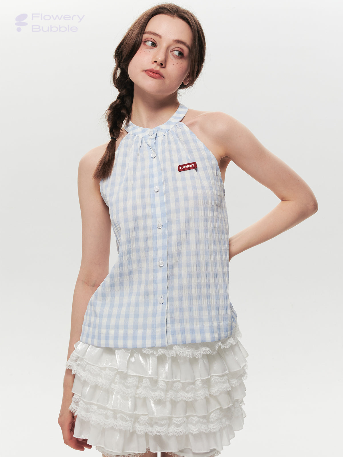 Sleeveless Gingham Seersucker Button-Up Top