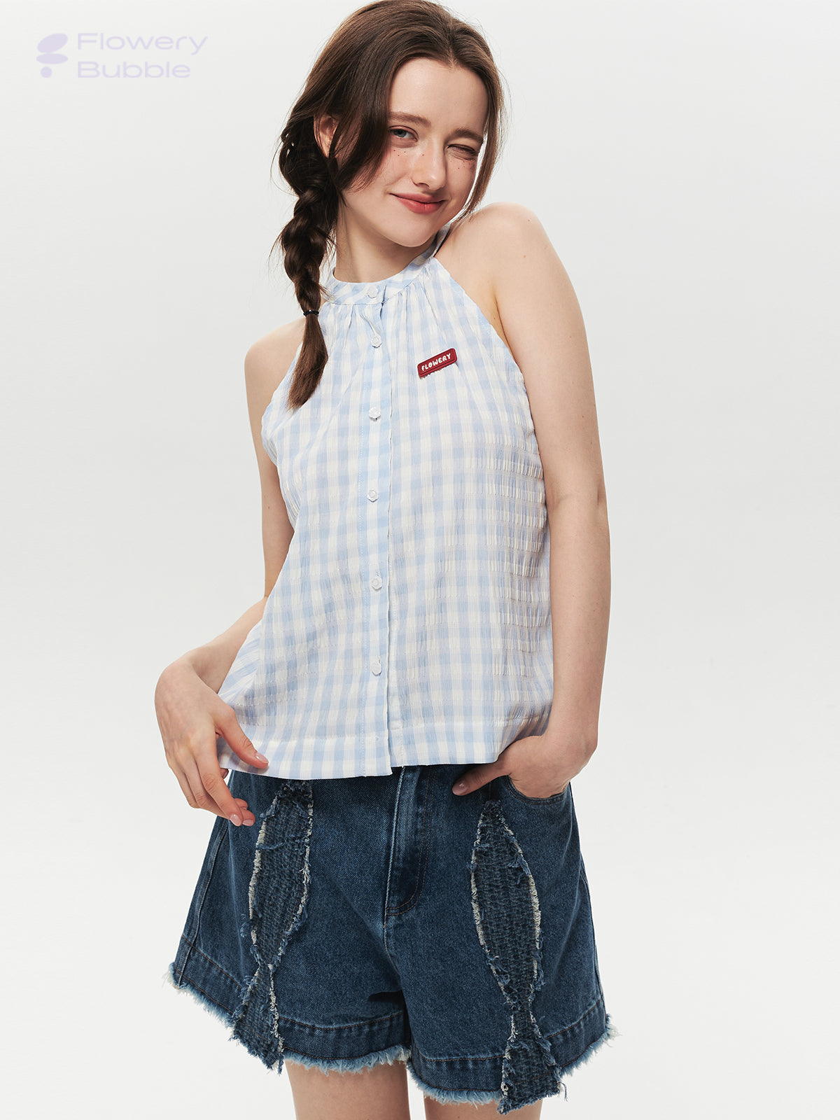 Sleeveless Gingham Seersucker Button-Up Top